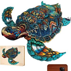 Intricate Sea Turtle Wood Jigsaw Puzzle - Teal & Orange
